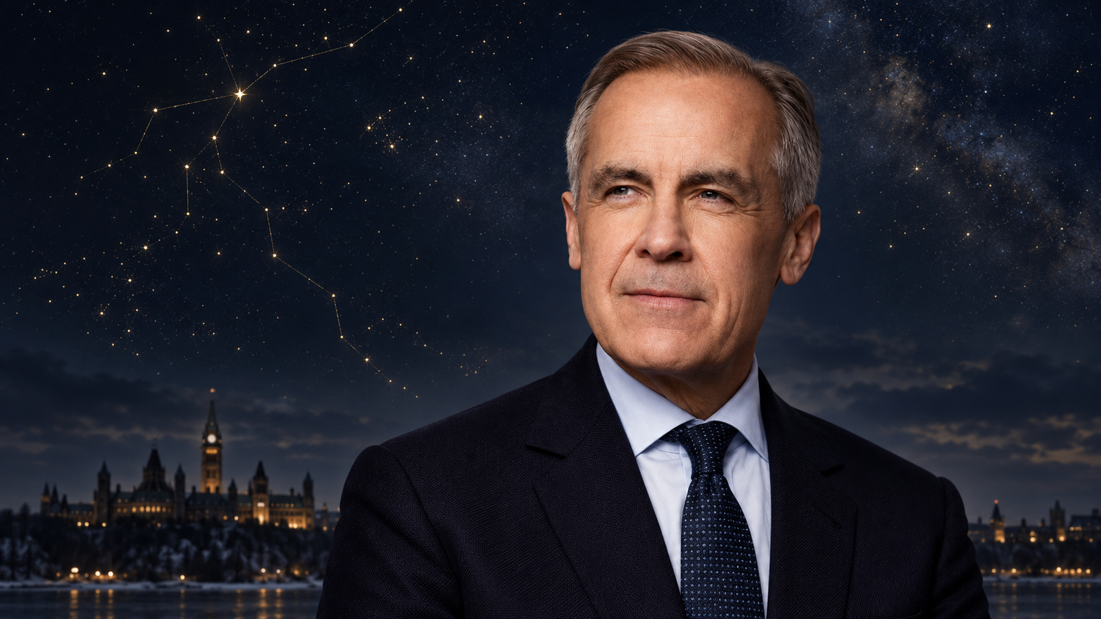 Prime Minister Mark Carney beneath a star-filled northern sky, with the constellation Perseus traced in gold above Parliament Hill.