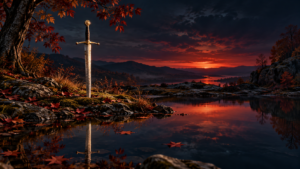A sword with a gold hilt stands beside still water beneath autumn trees, reflected against a crimson sunset and dark blue sky.