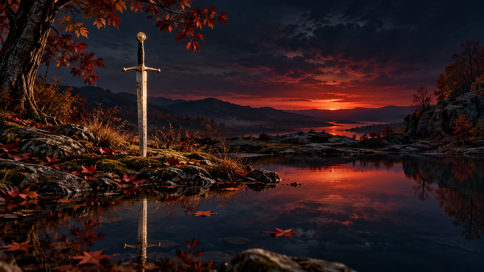 A sword with a gold hilt stands beside still water beneath autumn trees, reflected against a crimson sunset and dark blue sky.