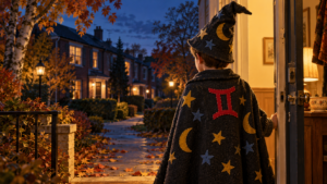 Child in a wizard costume decorated with stars, crescent moons, and a red Gemini symbol stands in a doorway overlooking an autumn street at dusk.